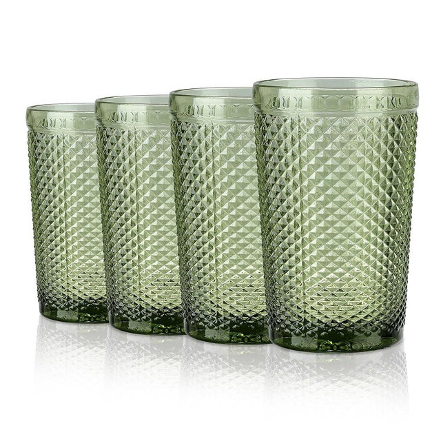 Joeyan Vintage Green Drinking Glasses,Embossed Colored Highball Glass Cups,Water Tumbler Glasses with Diamond Design,Glassware Set for Juice Beverages Cocktail Beer,12 oz,Set of 4,Dishwasher Safe