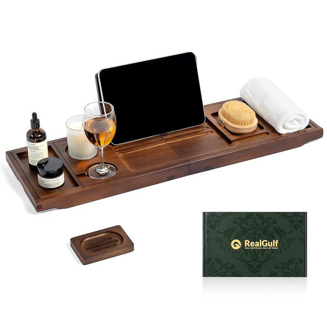 Realgulf Teak Bathtub Tray, Bath Caddy with Wine Glass Holder, Phone Dock & Book Stand | Hands-Free Reading & Ultimate Spa Relaxation Experience-Brown