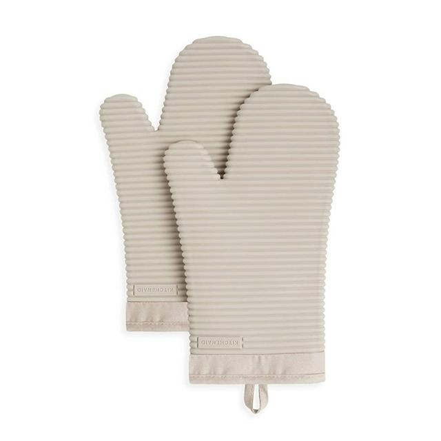 KitchenAid Ribbed Soft Silicone Oven Mitt Set, 7"x13", Milkshake