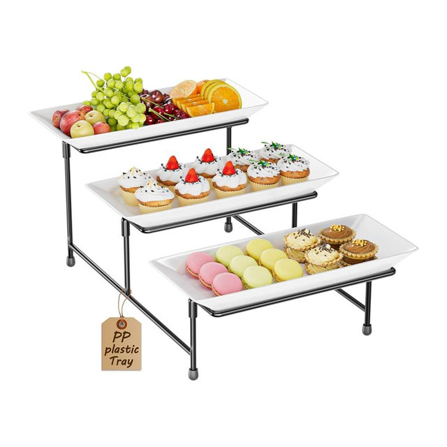 3 Tier Servings Tray for Party, 12"x6" Tiered Serving Platters with Steel Display Stand for Sevring Food,Cookies,Veggie, Dessert,Fruit, Black