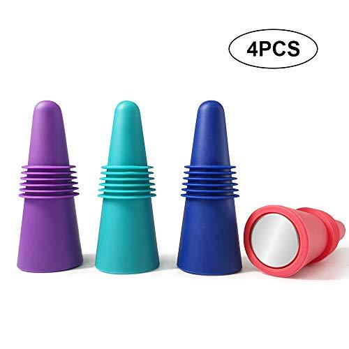 Premium Reusable Wine Bottle Stoppers, 4 PACK Colorful Silicone + Stainless Steel Wine Stopper, Beverage Bottle Stoppers, Wine Outlet Cap, Bottle Cover