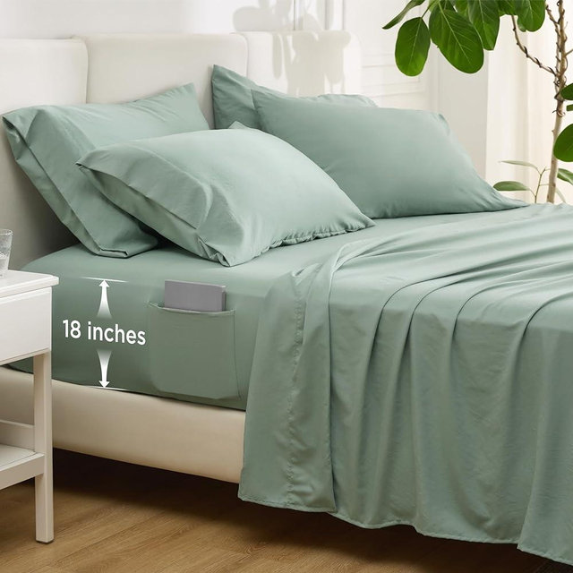 Bedsure Deep Pocket Queen Sheets - 6 Piece, Prewashed Ultra-Soft Queen Sheet Set, Fits Mattresses Up to 18 Inches Thick, Breathable & Secure Fit, Hotel Luxury Bedding, Sage Green