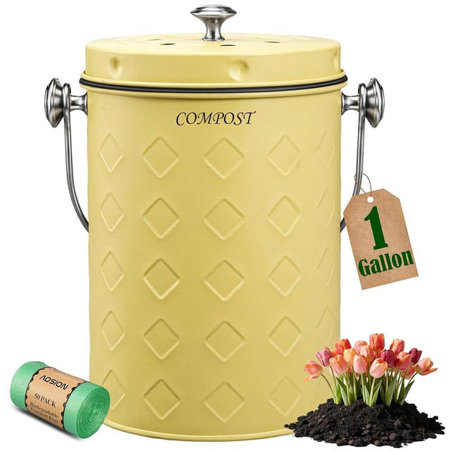 AOSION Countertop Compost Bin Kitchen,Odorless Indoor Compost Bin with Lid,Farmhouse Composter Container for Food Waste,Includes 2 Carbon Filters, Small Compost Bucket,Trash Bags (Modern, Yellow)