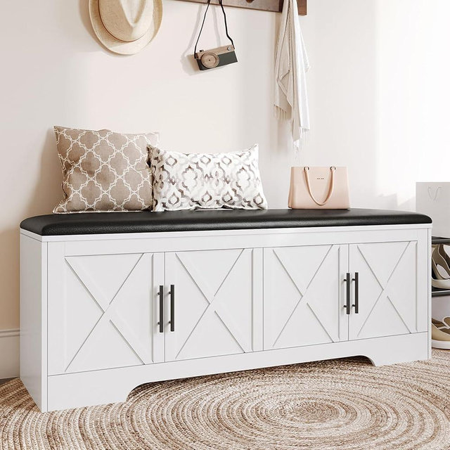 DreamDashio Farmhouse Storage Bench with Lift Top Storage, 47.2" Entryway Bench with Cushioned Seat, End of Bed Bench, Wooden Storage Chest Trunks, for Entryway, Bedroom, Living Room,White