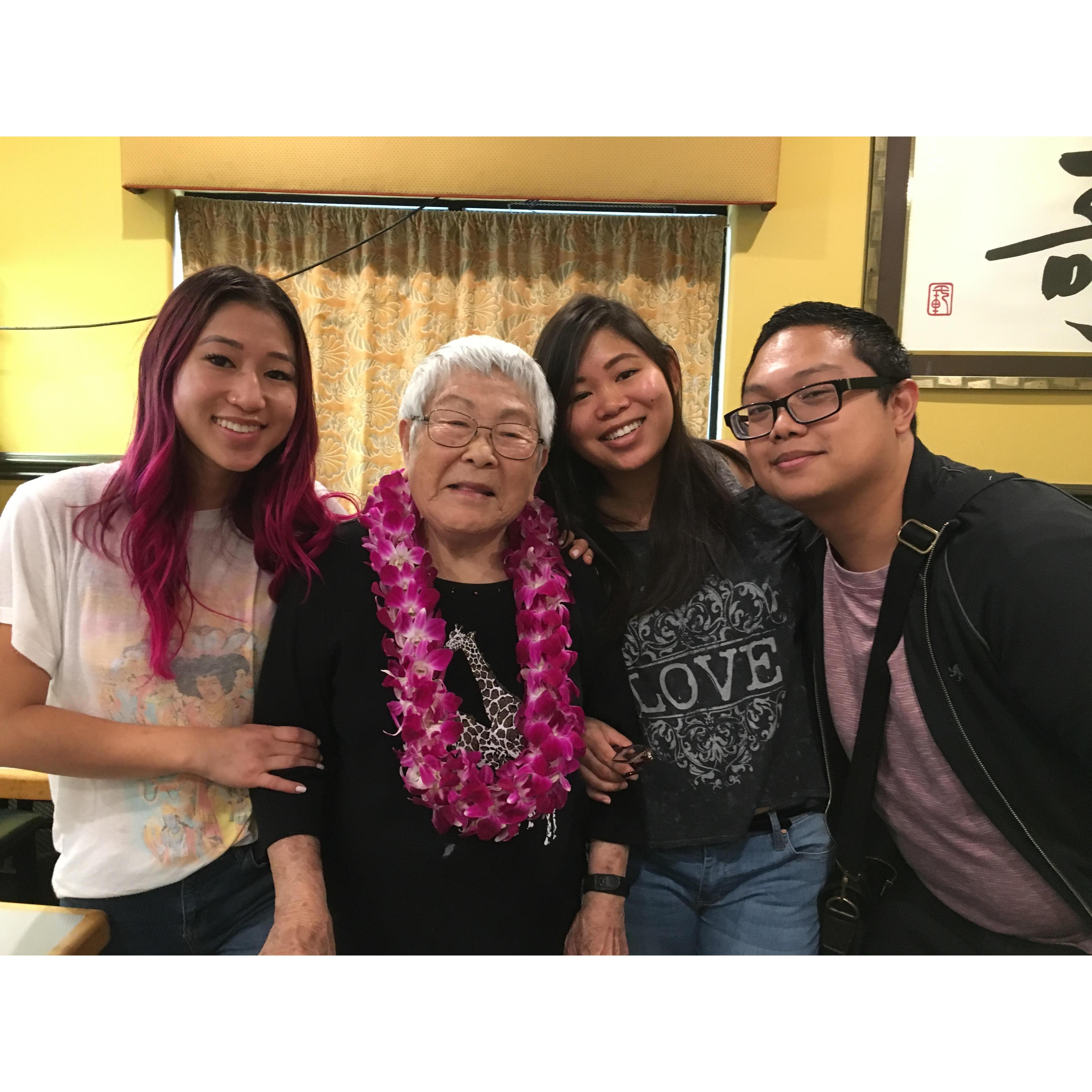 Melia, Tutu (Kalia & Melia's paternal grandmother), Kalia, and Jan at Tutu's 89th birthday party in 2017