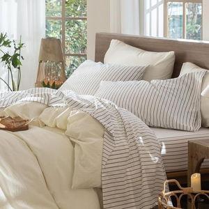 MooMee Striped Sheet Set 100% Washed Cotton Linen Like Textured Breathable Durable Soft Comfy (White Dark Grey Wide Stripes, King)