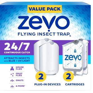 Zevo 2 Flying Insect Traps & 2 Cartridges - Plug In Fly Trap & Indoor Bug Catcher for Gnats, House & Fruit Flies - Mess-Free - Use in Any Room - Uses Blue & UV Light (2 Plug In Devices & 2 Cartridges)