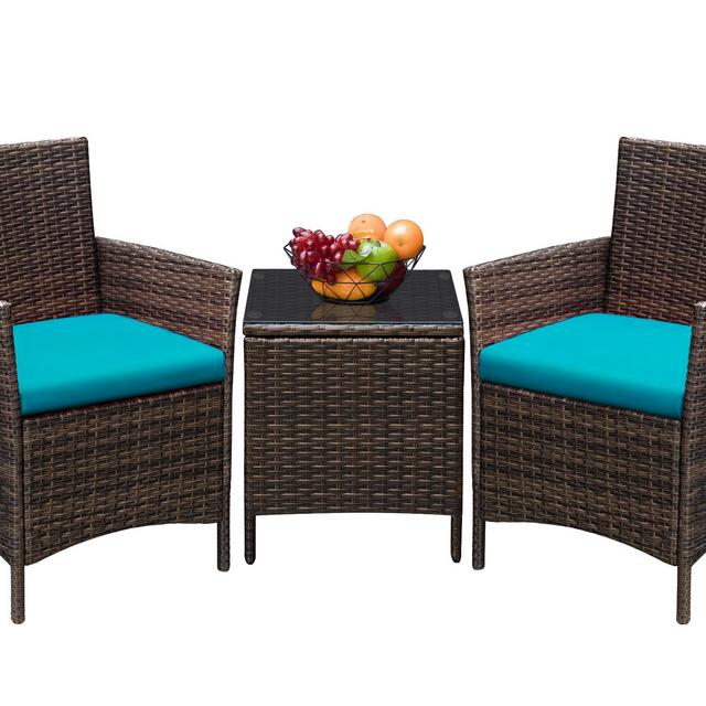 Devoko 3 Pieces Patio Conversation Set PE Rattan Wicker Chairs with Coffee Table, Brown/Blue