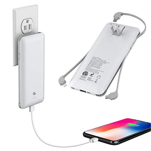 10000mAh Q Portable Charger, Ultra Slim USB C Power Bank, 4 Output Dual Input External Battery Pack with Built-in AC Wall Plug,Built in Micro and USB C Three Cables Compatible with All mobilephone