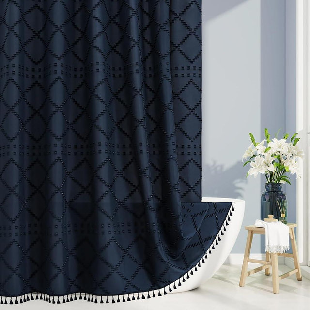 Craidlela Boho Navy Blue Woven Fabric Shower Curtain with Tassel 72 x 72 Modern Farmhouse Minimalist, Bohemia Tufted Chevron Striped Chic Textured, Blue Waterproof Curtain for Bathroom, Hotel Decor