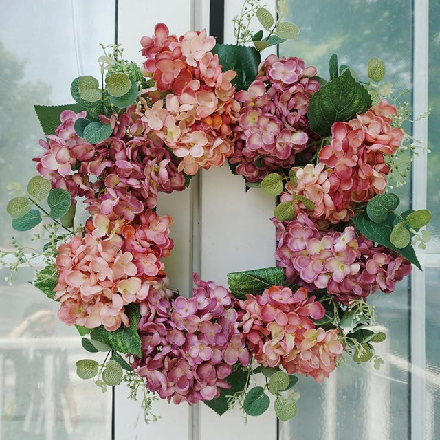 Hometrance Hydrangea Front Door Wreath, 18 Inch Artificial Spring Summer Wreaths with Purple Floral Flower Wreath for Farmhouse All Year Window Wall Decor
