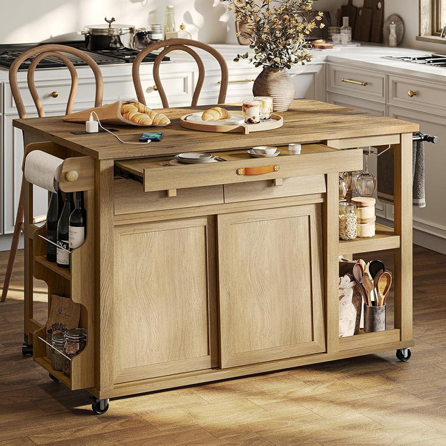 Kitchen Island with Storage & Charging Station, Rolling Kitchen Island Table on Wheels with Drop Leaf & 2 Drawers, Mobile Island Cart with Pull-Out Shelf, Spice Rack, for Dining Room (Natural)
