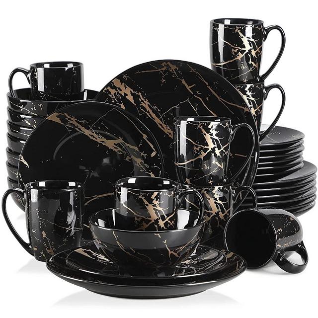 Dishes Set for 8, 32 Piece Porcelain Dinnerware Sets Black Plates and Bowls Set, Gold Splash Glaze Round Dinner Plates, LOVECASA, Stylish and Modern Plates and Bowls Set with Mugs, Black