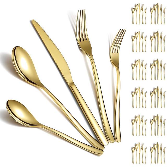 Berglander Gold Silverware Set 60pcs Service for 12, Golden Titanium Plating Stainless Steel Flatware Set, Gold Spoons Forks Knives Set for Home, Wedding, Restaurant, Hotel, Dishwasher Safe