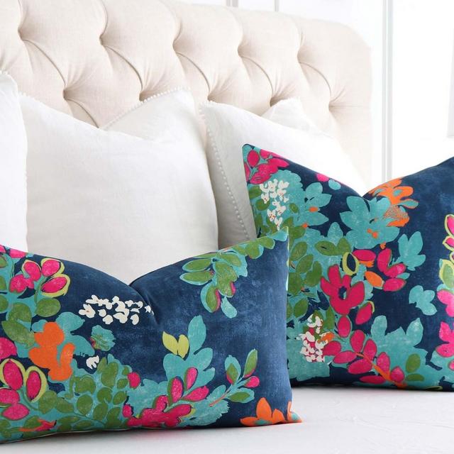 Colorful Chinoiserie Floral Throw Pillow Cover, Designer High End Lumbar, Large Print Bedding Sham, Thibaut Central Park Navy Pink
