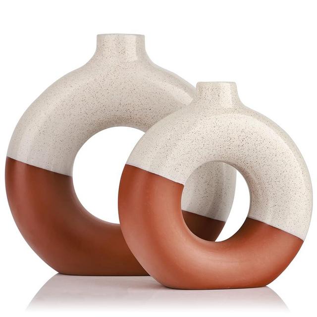 Terracotta Vase Decor Donut Vase Set of 2 - Circle Hollow Vase, Modern Matte Ceramic Vase for Entryway Living Room Bedroom Dining Table Centerpiece Office Home Decor