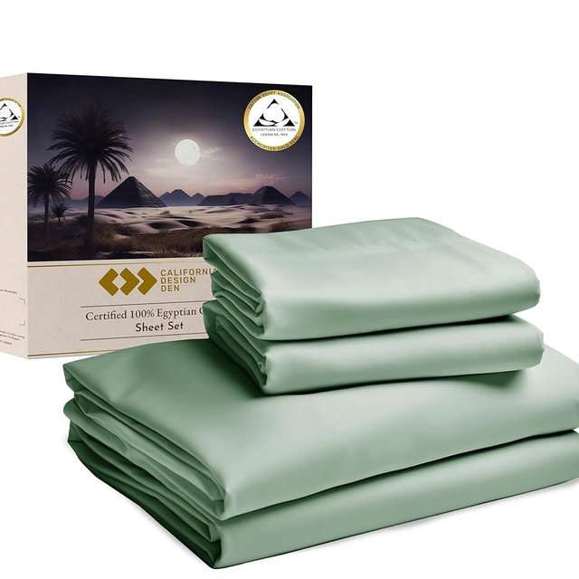 California Design Den Certified Luxury 100% Egyptian Cotton Sheets King Size, 4 Piece Deep Pocket Sateen Cooling Sheets for Hot Sleepers, King Bed Sheets Egyptian Cotton, Sage Green Sheets King