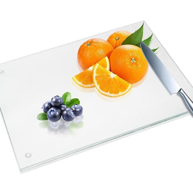 JAMBALAY Transparent Glass Cutting Board for Kitchen Countertop, 16"x12" Clear Glass Cutting Board with Rubber Non-Slip Feet, Heat and Scratch Resistant, Shatterproof, Dishwasher Safe