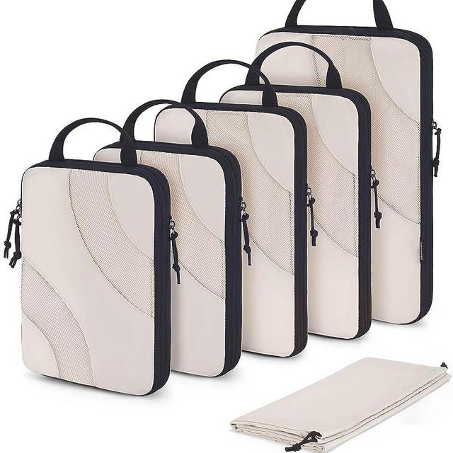 Compression Packing Cubes, BAGSMART 6 Set Travel Packing Cubes for Carry on Suitcases, Compression Suitcase Organizers Bag Set & Travel Cubes for Luggage, Lightweight Packing Organizers with Shoe Bag White Opal