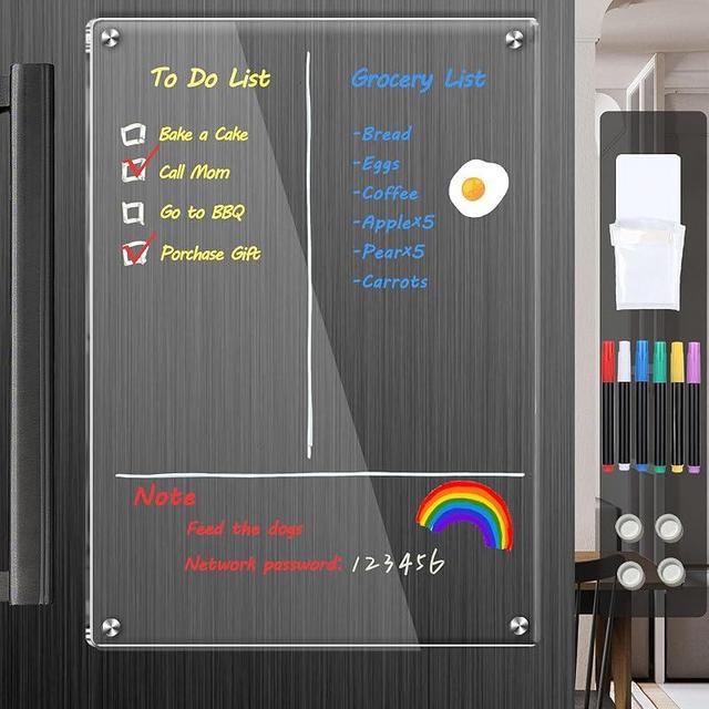 bamandan Clear Acrylic Magnetic Dry Erase Board for Fridge,12"x8" Magnetic Whiteboard for Fridge, Magnetic Weekly Planner Calendar for Refrigerator includes 6 Colors Markers