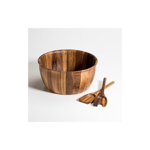 Kalmar Home Solid Acacia Wood X-Large Salad Bowl with Servers