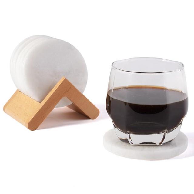 Koville Round Marble Coasters Set of 6 for Coffee Table, 3.9" Inches Handmade Coaster, Luxury Aesthetic Modern Drink Coaster for Table Décor Home Décor, White Cup Coasters for Dining, Bar or Office