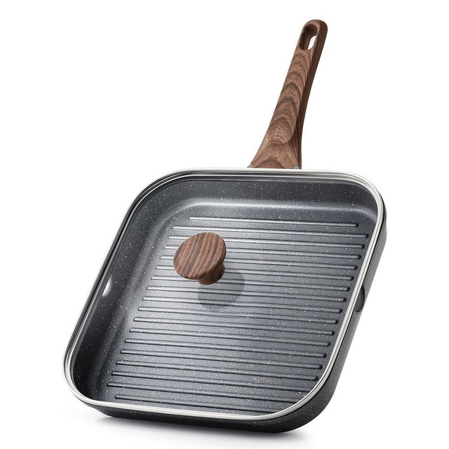 SENSARTE Nonstick Grill Pan with Lid, Grill Pan for Stove Tops, Versatile Griddle with Pour Spouts, Square Big Cooking Surface, Durable Skillet Indoor & Outdoor Grilling. PFOA Free, 9.5 Inch