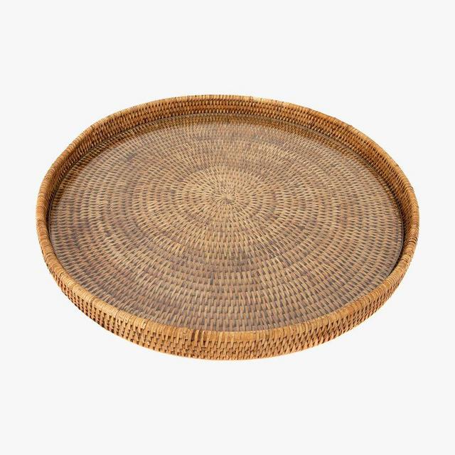 Tava Handwoven Rattan Round Serving Tray With Glass Insert, 16" Diam., Natural