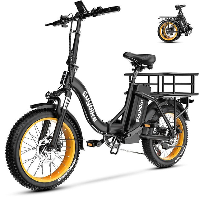 EUYBIKE Folding Electric Bike for Adults with Peak 1000W Motor, 48V 20AH Battery up to 80 Miles, 20" Fat Tire All Terrain Ebike, Front Suspension 7-Speed Commuter E Bike, Step-Thru, UL Certified