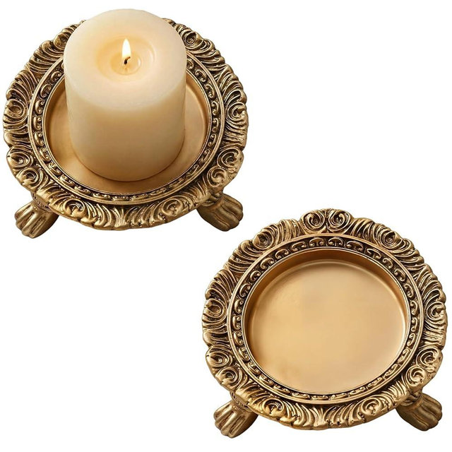 BrightRow 2 Pack Brass Color Candle Holder Pedestal Dish Stand Gold Vintage Tray Clawfoot Plate Decor for Jewelry Wax Ring Trinket