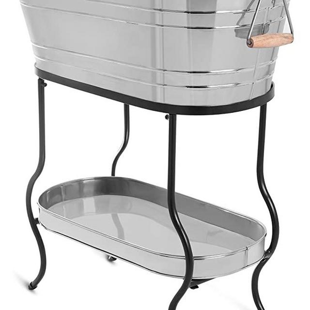 BIRDROCK HOME Stainless Steel Beverage Tub with Stand - Bottom Tray - Ice Bucket - Party Drink Holder - Wooden Handles - Outdoor or Indoor Use - Free Standing
