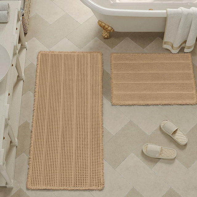 PureCozy Washable Bathroom Rugs Sets 2 Piece, Upgraded Waffle Super Absorbent Non Slip Bath Mats, Ultra Soft Quick Dry Runner Rug for Bathroom Hallway, Brown, 18"x30"+24"x48"(2'x4')