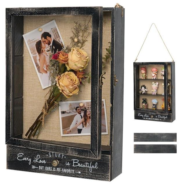AW BRIDAL 11X16 Large Shadow Box Picture Frames Deep Shadow Boxes Display Cases with Removable Shelves and Drawers, Black Wooden Memory Boxes for Keepsakes with Slot