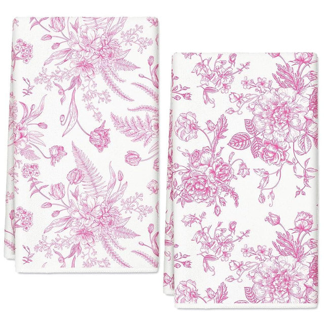 JarThenaAMCS Pink Flower Kitchen Towel Vintage Floral Dish Towel 18 x 28 Inch Hand Drying Tea Towel for Cooking Baking Party Supplies, 2Pcs
