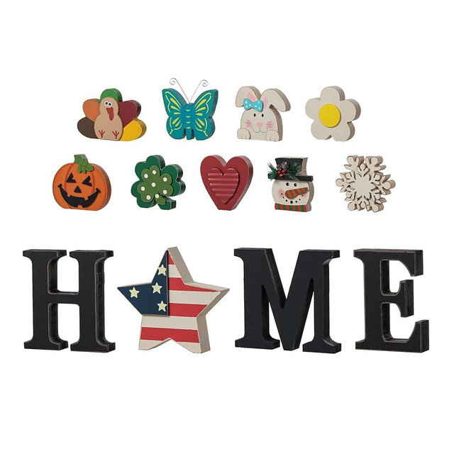 Glitzhome Home Sign Seasonal Wooden Set 13Pcs, Interchangeable Home Signs Tabletop Decorations Wood Letter Sign with Seasonals Icons Changeable Decor HOME Blocks for Tiered Tray Decor