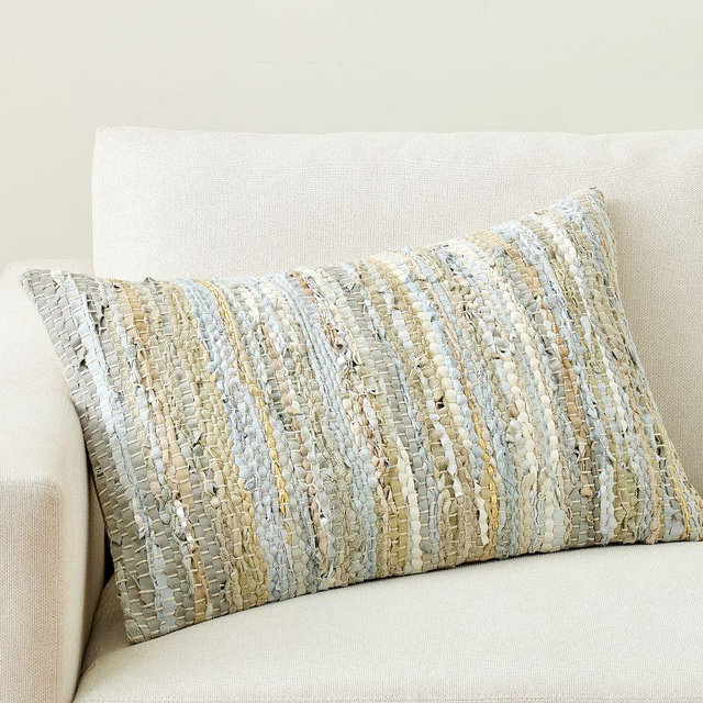 Woven Leather Lumbar Pillow Cover, Gray Multi, 16" x 26"