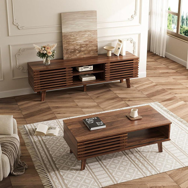 MAISONARIA Living Room Table Sets of 2, Mid Century Coffee Table & Dresser TV Stand, Sliding Door Coffee Table with Storage, Modern TV Stand for Bedroom, Living Room, Walnut