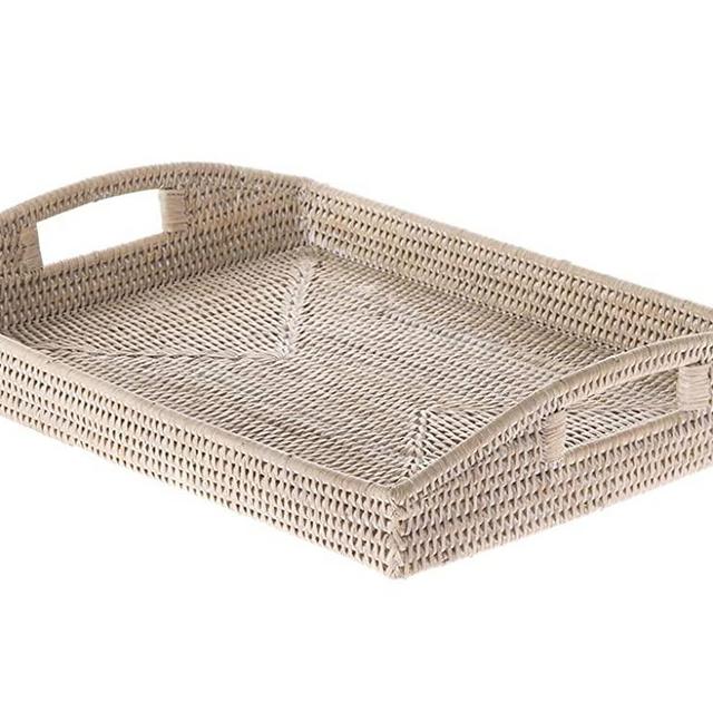 KOUBOO 1020043 La Jolla Rattan Rectangular Serving Tray, 18" x 13.5" x 3.5", White Wash