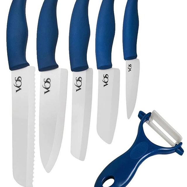 Vos Ceramic Knife Set With Covers 11 Kitchen Knives Pcs - 8" Bread Knife 7" Chef Knife 6" Slicer Knife 5" Santoku Knife 4" Paring Knife and a Peeler (Blue)