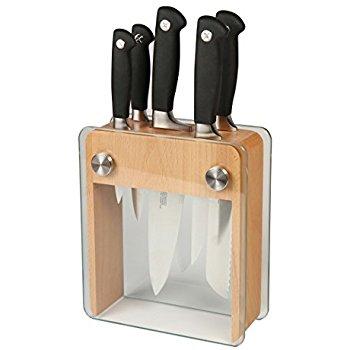 Mercer Culinary Genesis 6-Piece Forged Knife Block Set, Wood Block with Tempered Glass