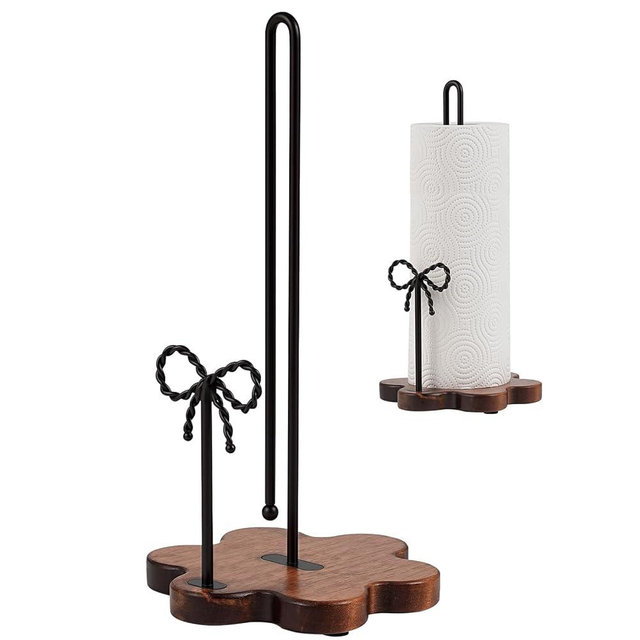Tocemei Wood Paper Towel Holder Countertop,Floral Wood Base with Iron Bow Decor,Dual Antique Brown Iron Rods,Stable Non-Slip,Elegant Farmhouse Style for Kitchen&Dining Room