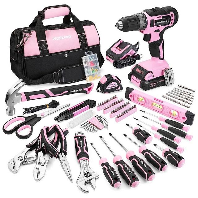 WORKPRO Pink Home Tool Kit with Drill, 157PCS Pink Tool Set with 20V Cordless Lithium-ion Drill Gun, Basic Drill Sets Combo Kit with Wide Mouth Open Tool Bag