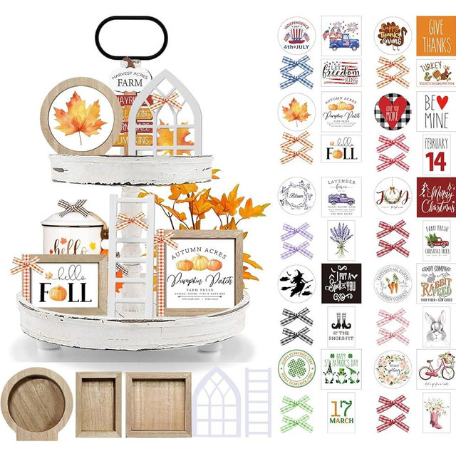 CRCZK 10 Themes Interchangeable Seasonal Tiered Tray Decor Set - Farmhouse Fall Tiered Tray Decorations, Perfect for Holiday Decor, Lavender Decor Fall Decorations for Home