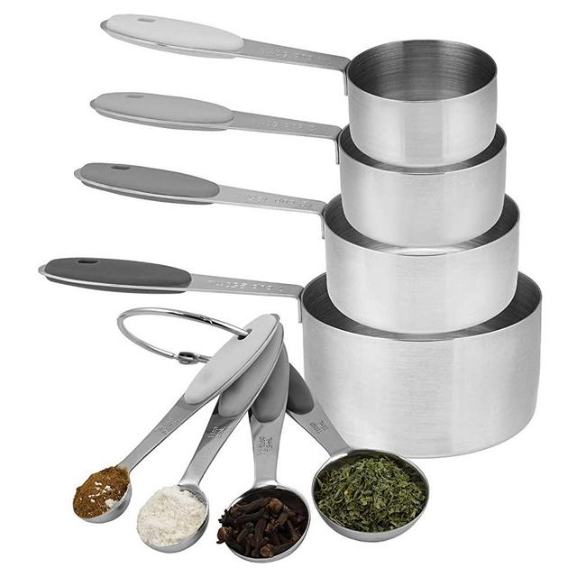 Cook with Color 8 Piece Measuring Cups and Measuring Spoon Set, Stainless Steel Measuring Cups with Soft Touch Silicone Handles, Nesting Liquid Measuring Cup Set, Dry Measuring Cups Set (Ombre Gray)