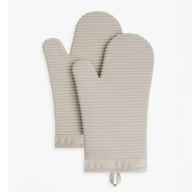 KitchenAid Ribbed Soft Silicone Oven Mitt Set, 7"x13", Milkshake 2 Count in TAN
