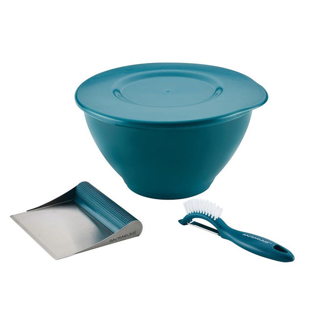 Rachael Ray Tools and Gadgets Kitchen Prep, Garbage Bowl with Lid, Bench Scrape, Veggie Peeler, 4 Piece Food Prep Set - Marine Blue
