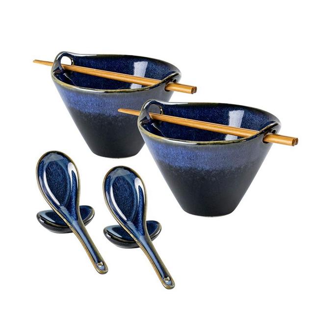 UNICASA Japanese Ramen Bowl Set with Chopsticks, Spoons and Rests, 26oz Deep Porcelain Noodle Bowl Set of 2 for Udon, Pho, Salad, Soup (Reactive Blue)