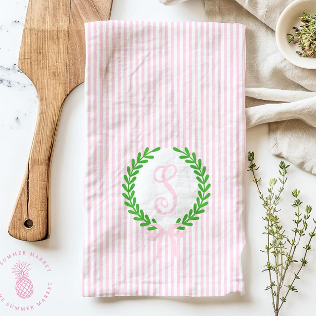 Pink French Country Tea Towel, Personalized Kitchen Towel, Preppy Striped Towel, Watercolor Monogram Crest, Coastal Home Decor