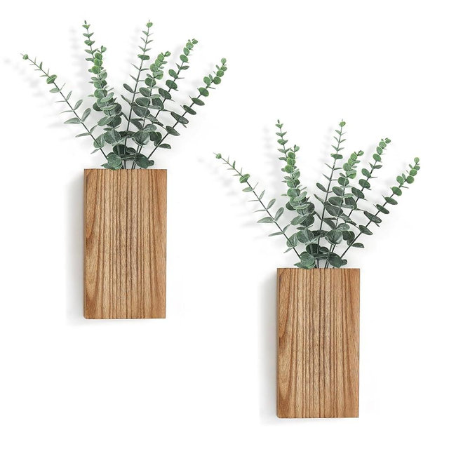 Dahey 2 Pack Wood Wall Planter Vase with Artificial Eucalyptus Farmhouse Wall Hanging Decor Pocket Planter for Indoor Fake Plants Greenery Flowers, livingroom Bedroom Kitchen Home Office Decoration