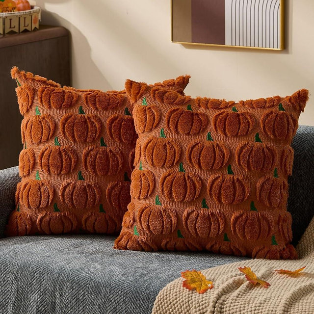 DFXSZ Fall Pillow Covers 18x18 Set of 2 Fall Decorations Autumn Rust Green Pumpkin Throw Pillow Cases Soft Plush Faux Fur Wool Couch Cushion Case for Chair Sofa Bedroom Living Room Home Decor PTK02J18